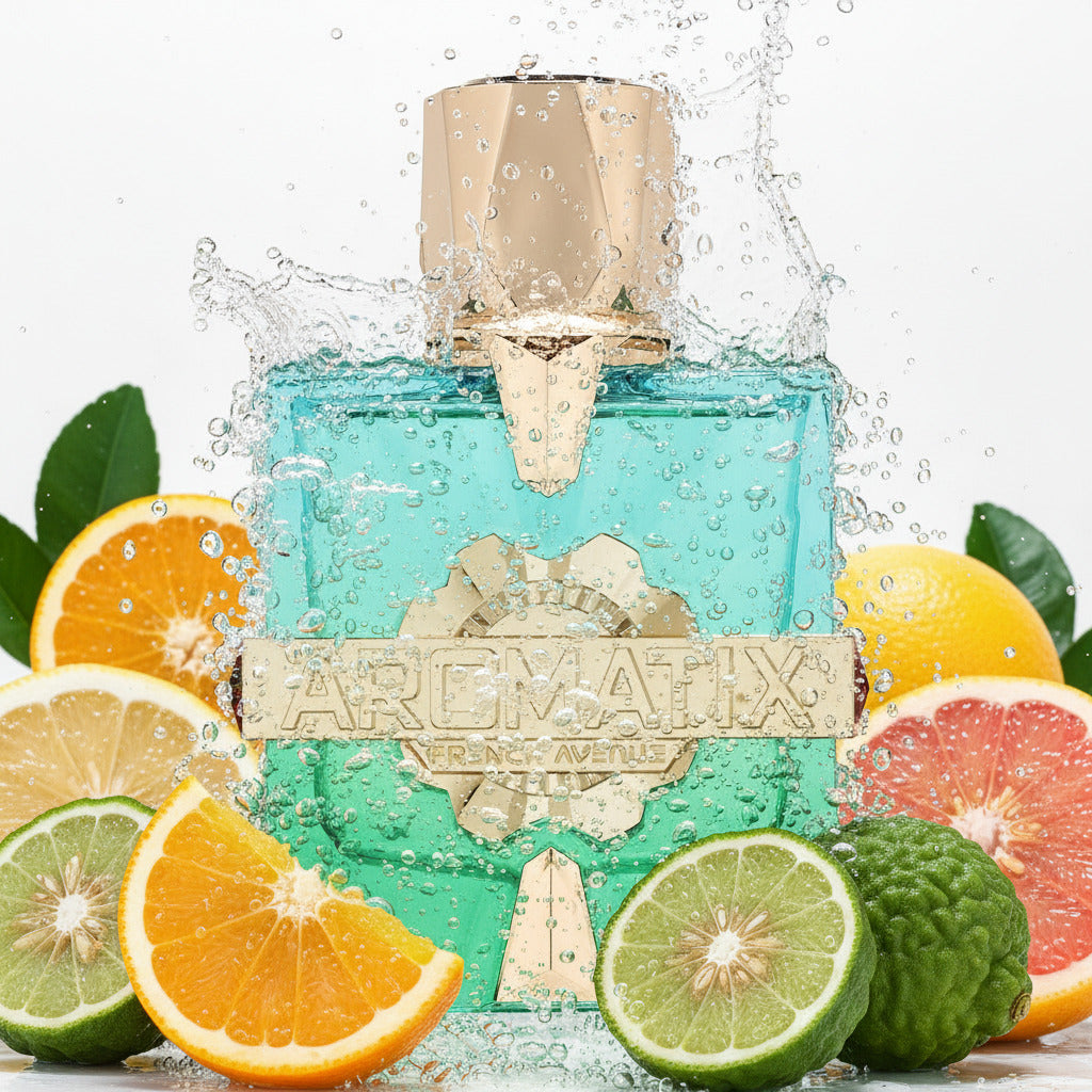 Aromatix Sun Kissed—turquoise-to-green bottle with gold accents on white background, square and centered