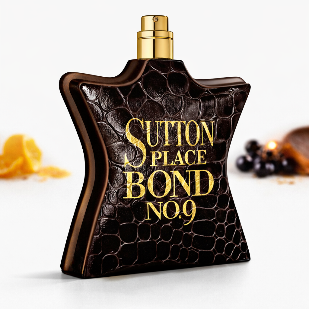 Bond No. 9 Sutton Place EDP—brown textured bottle on white, square and centered