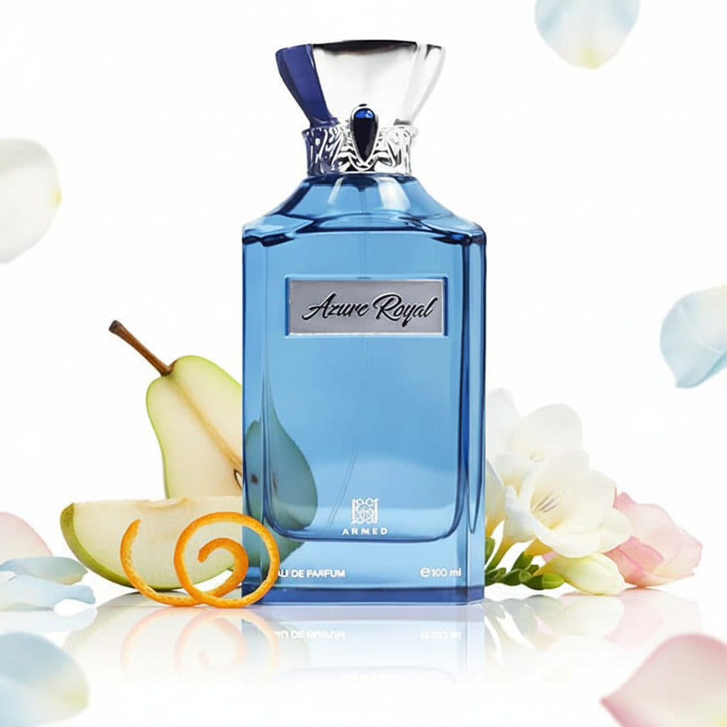 Ahmed Al Maghribi Azure Royal EDP decant—clear glass spray atomizer on white, square and centered