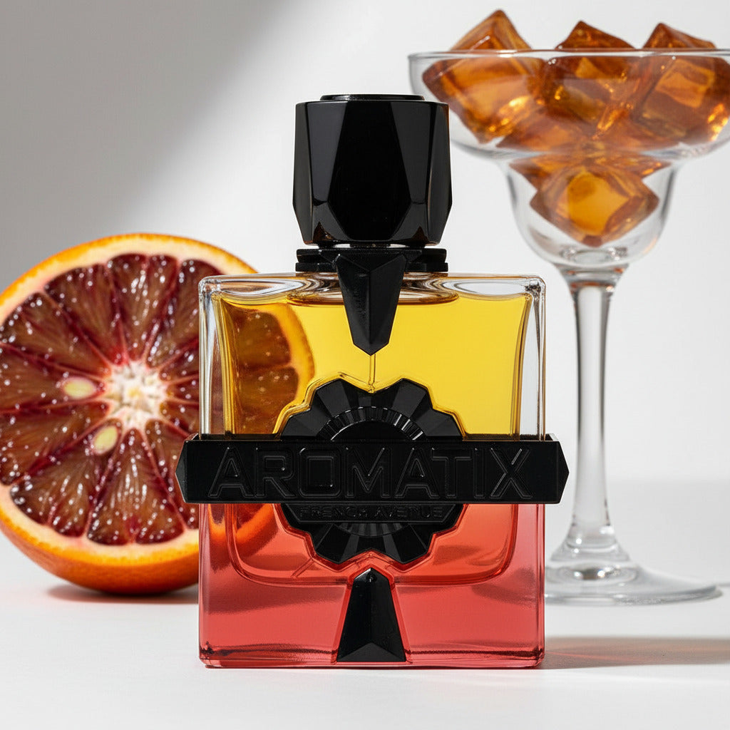 Aromatix x French Avenue Forbidden Fruit—orange-to-red gradient bottle with black accents on white background, square and centered
