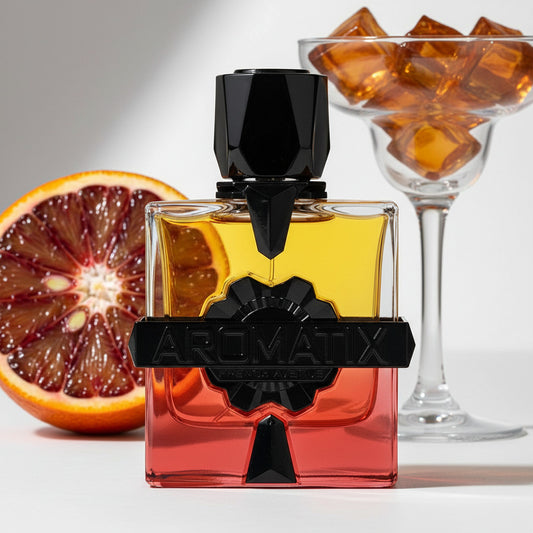 Aromatix x French Avenue Forbidden Fruit—orange-to-red gradient bottle with black accents on white background, square and centered