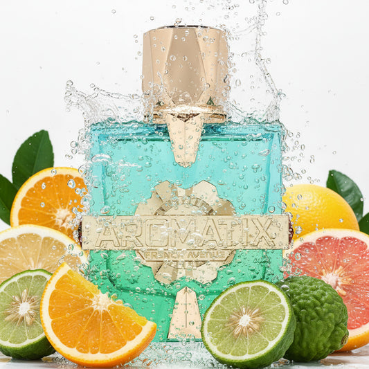 Aromatix Sun Kissed—turquoise-to-green bottle with gold accents on white background, square and centered