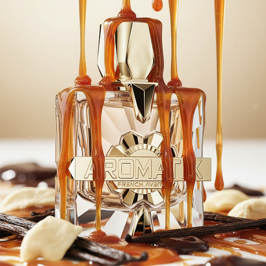 Aromatix X Xandal extrait—faceted crystal bottle with gold accents on white background, square and centered