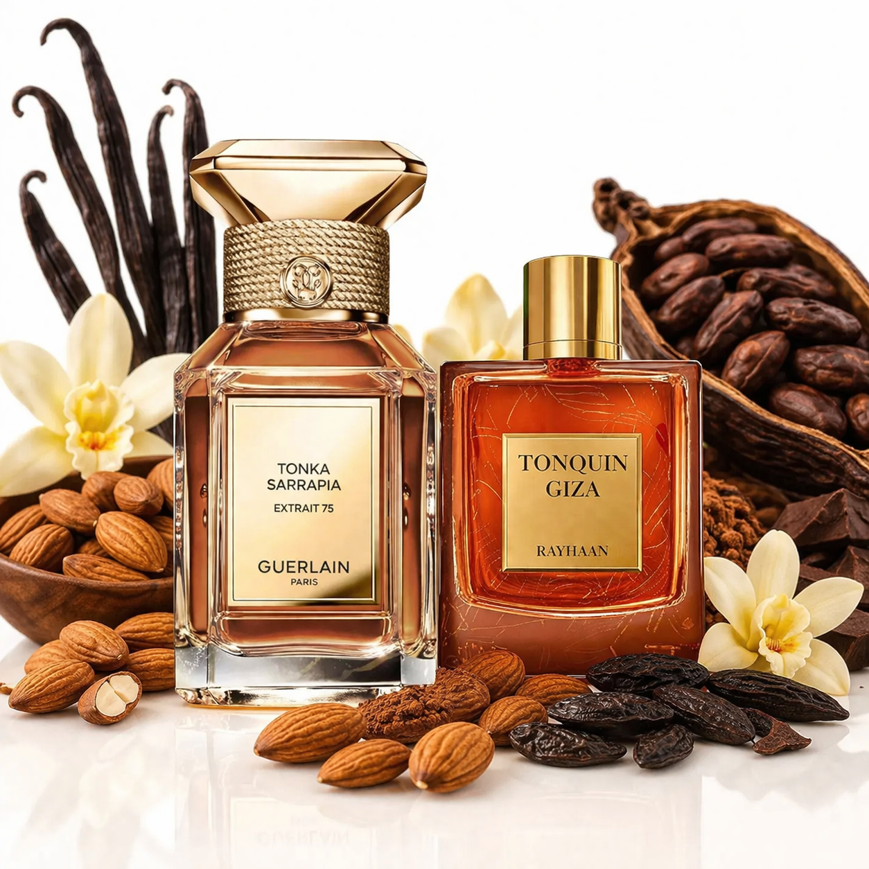 Guerlain Tonka Sarrapia Extrait 75 & Rayhaan Tonquin Giza decant samples—amber and gourmand perfumes on white, square and centered.