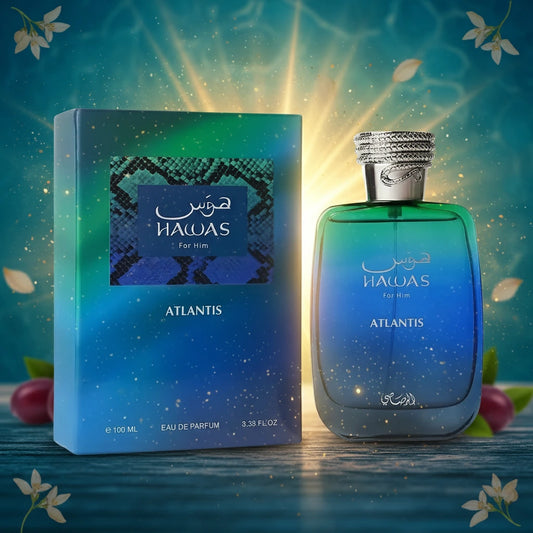 Hawas Atlantis for Him—blue-green gradient bottle with matching box on white background, square and centered