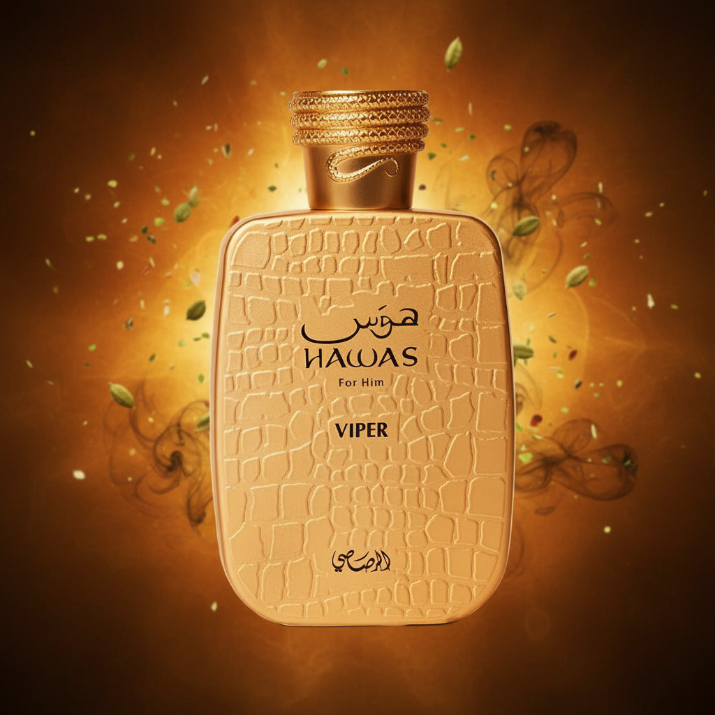 Hawas Viper Eau de Parfum bottle—gold reptile-textured flask on white background, centered (square)