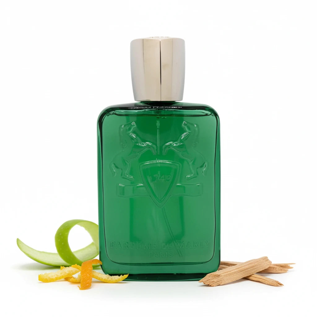 Parfums de Marly Greenley EDP—green bottle on white, square and centered
