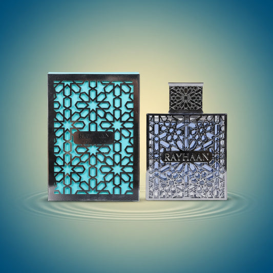 Rayhaan Aquatica perfume—geometric lattice bottle with matching box on white background, square and centered