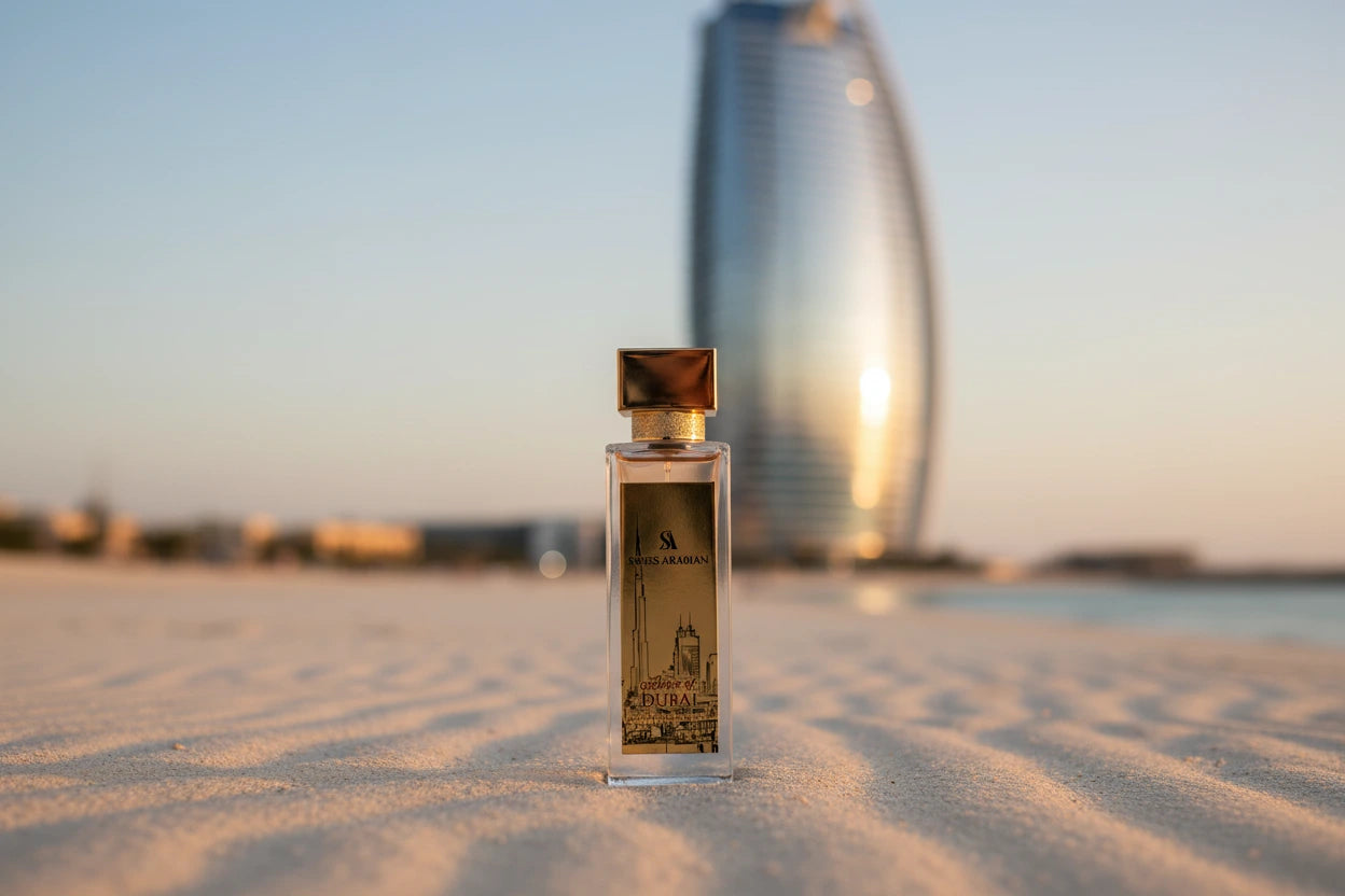 Swiss Arabian perfume bottle with gold cap on a white background
