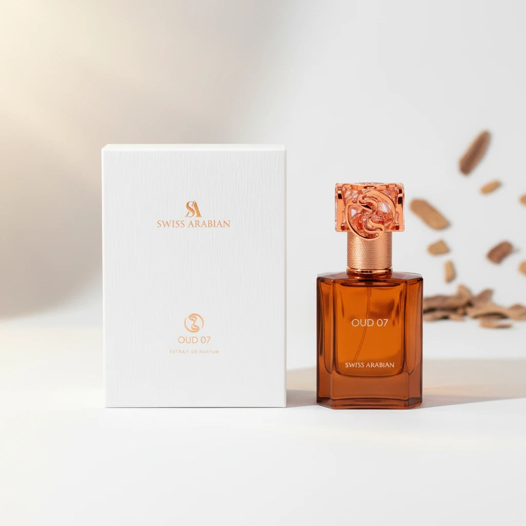 Alt: Swiss Arabian Oud 07 Eau de Parfum front bottle view on white background, square and centered