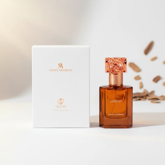 Alt: Swiss Arabian Oud 07 Eau de Parfum front bottle view on white background, square and centered