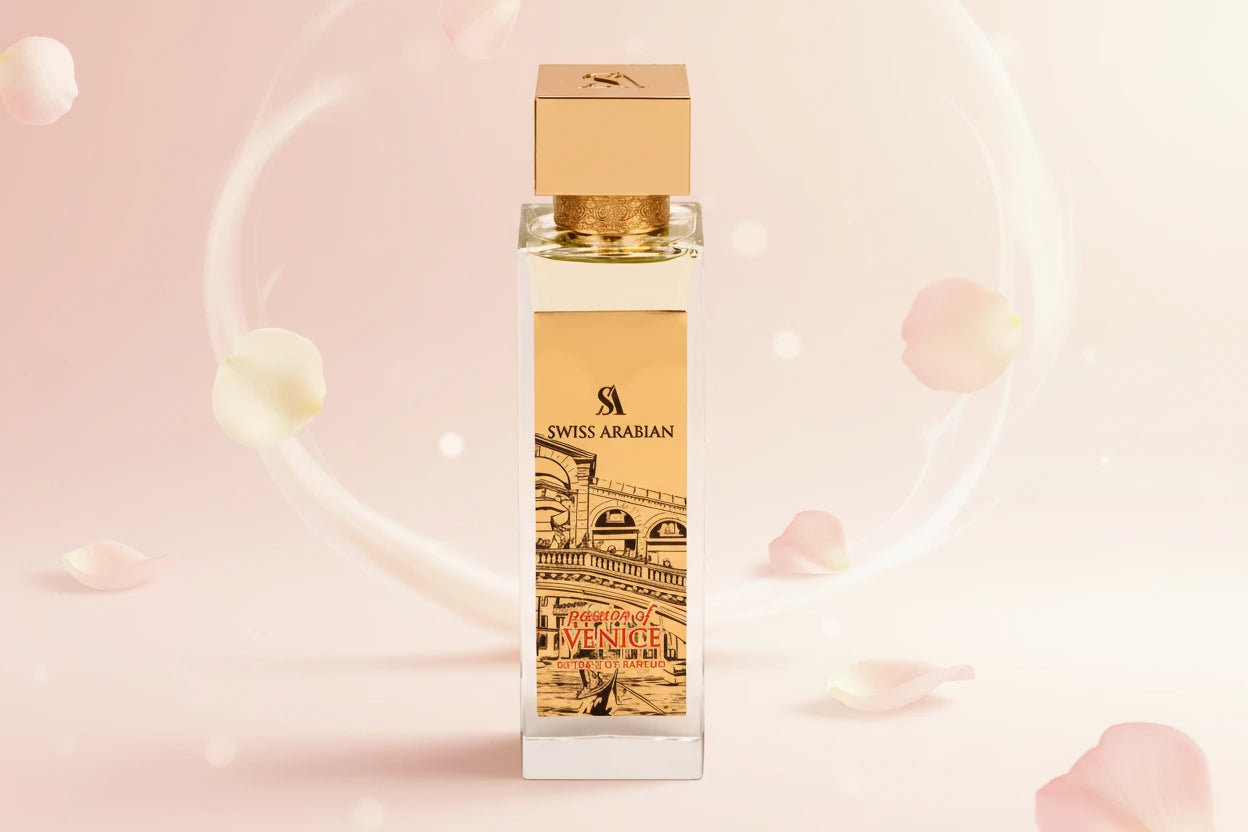 Swiss Arabian cologne bottle with decorative label on a white background