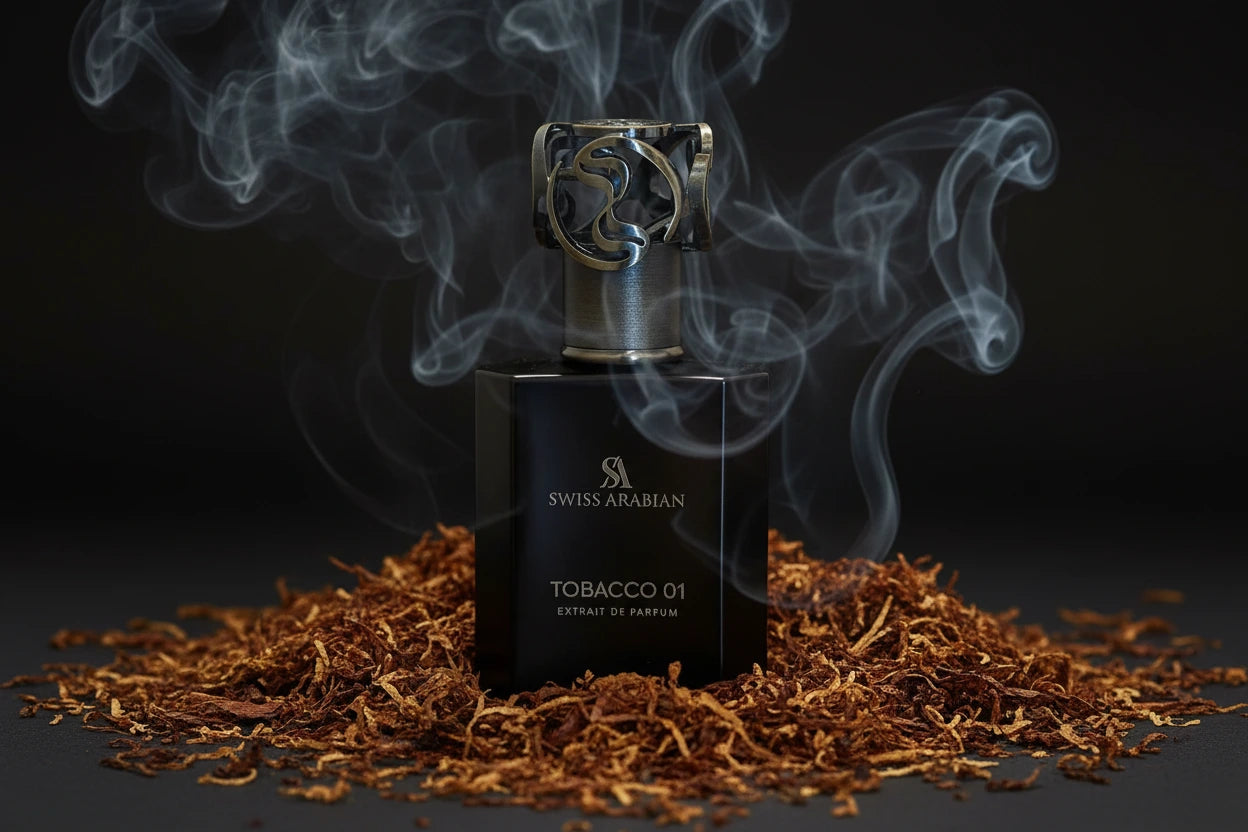 Alt: Swiss Arabian Tobacco 01 Eau de Parfum front bottle view on white background, square and centered